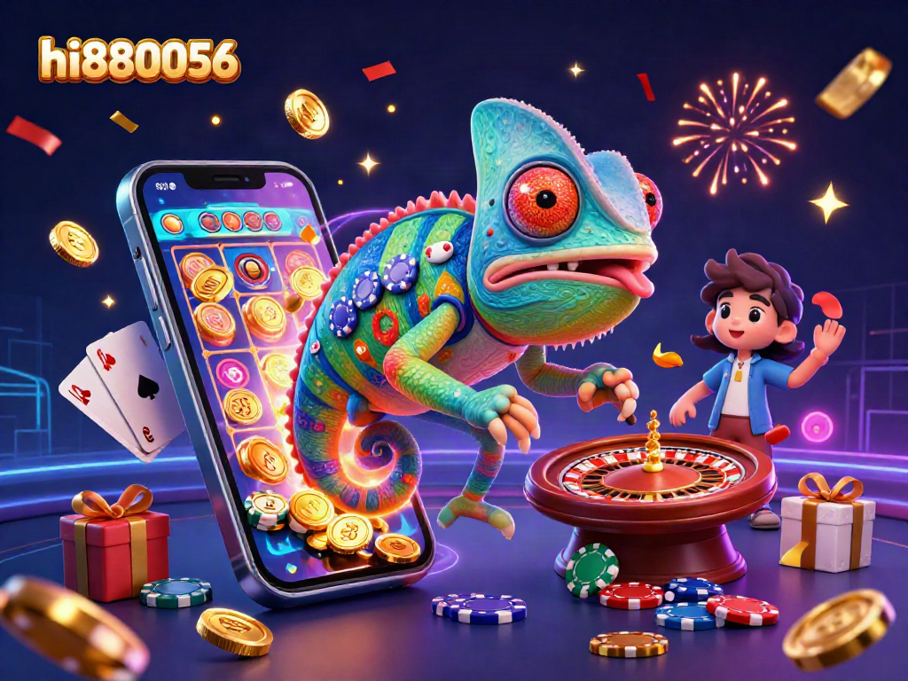 Engage with hi880056 at this vibrant casino scene featuring a colorful chameleon owner and dynamic gaming elements.