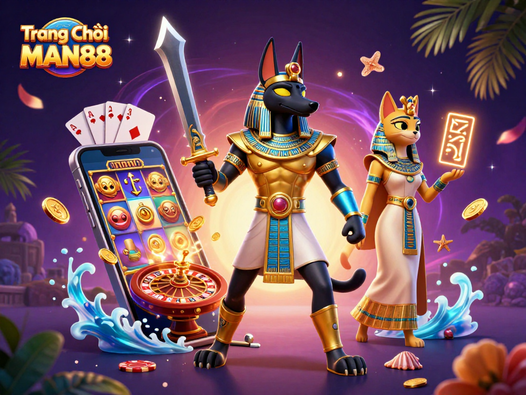 Join the excitement on Trang Chủ MAN88, featuring Anubis and Bastet in an engaging casino scene with slot games.