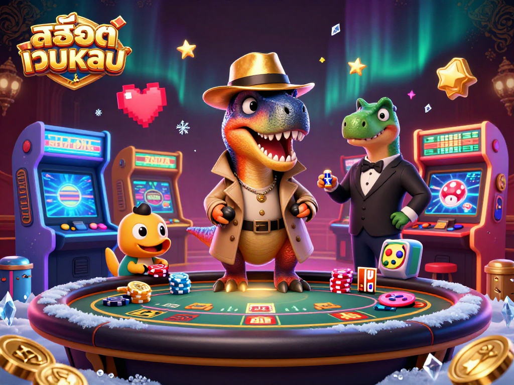 Spin to win at สล็อตเว็บตรง as a velociraptor counts cards while a stegosaurus watches.