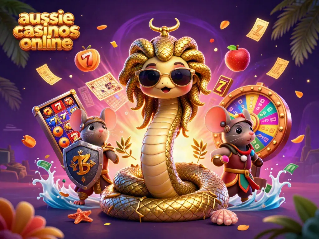 Engaging illustration showcasing aussie casinos online with Medusa and a warrior mouse, surrounded by dynamic gaming elements.