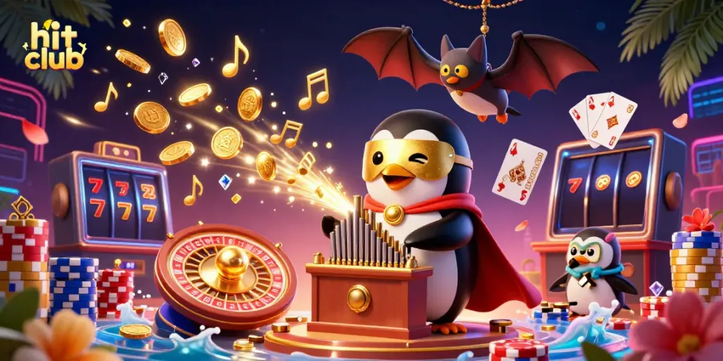 Hit Club scene featuring a phantom penguin playing an organ with golden coins, vibrant casino elements.