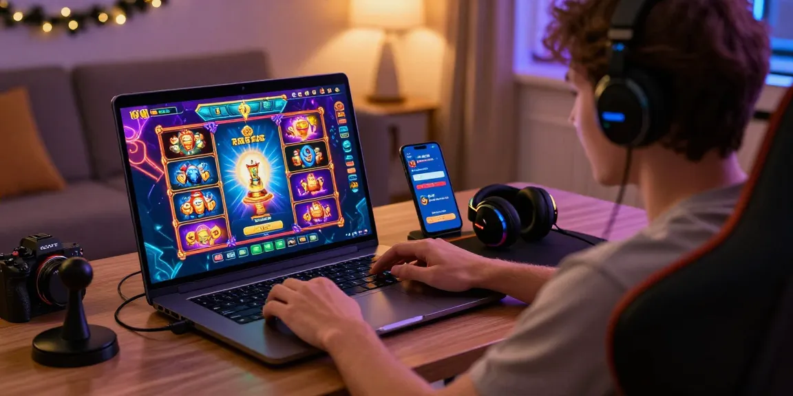 Exciting bandar slot gameplay on a laptop in a cozy gaming setup, showing vibrant graphics and festive atmosphere.