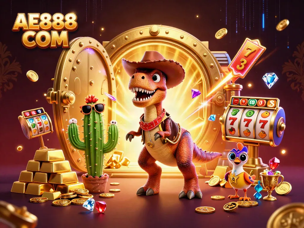 Engage in thrilling gameplay at AE888 COM with a dynamic casino-themed 3D illustration.