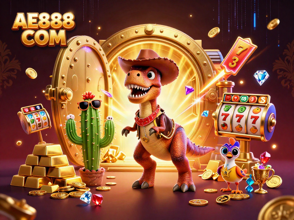 Engage in thrilling gameplay at AE888 COM with a dynamic casino-themed 3D illustration.