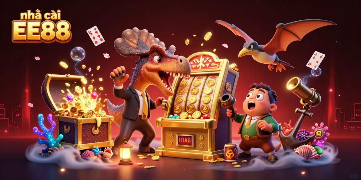 Engage in thrilling gaming with nhà cái EE88 as dinosaurs playfully clash with a jackpot slot machine.
