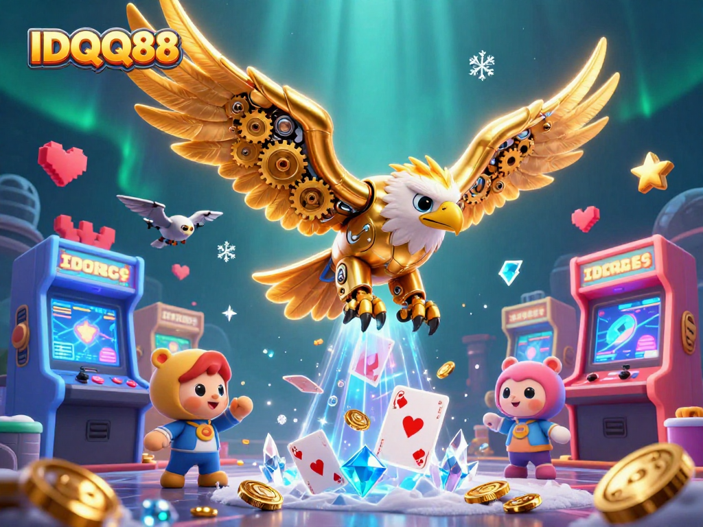 Experience immersive gaming with IDQQ88 as golden eagles engage in a thrilling casino adventure.