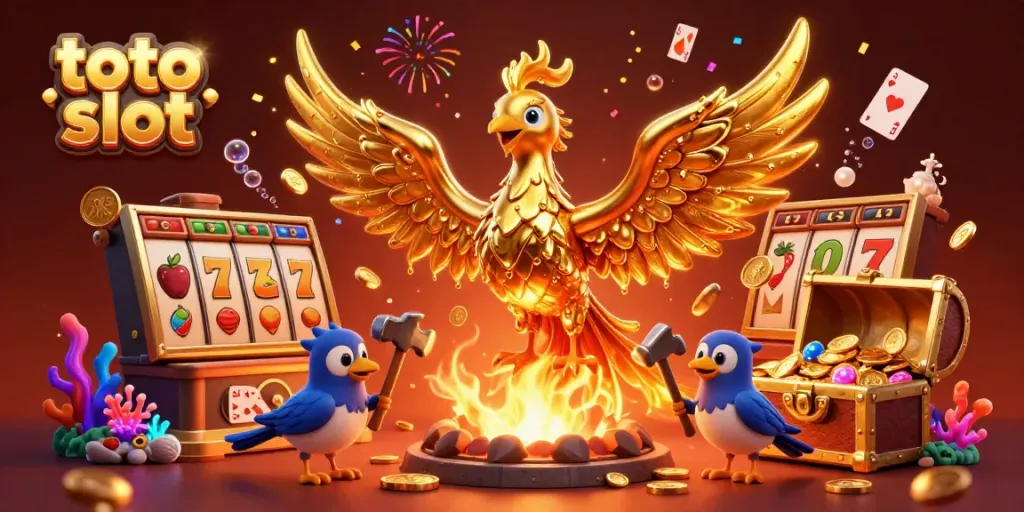 Experience the excitement of toto slot with a golden phoenix, cascading coins, and classic slot imagery.
