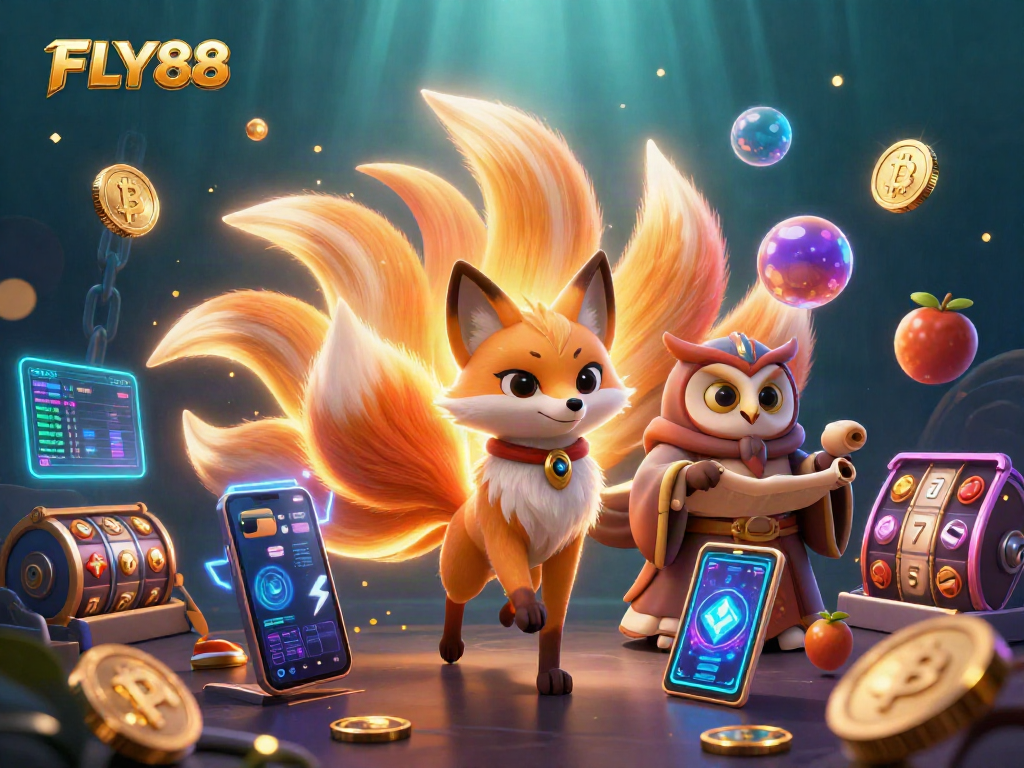 FLY88 presents a dynamic casino scene with glowing characters and exciting gaming elements.