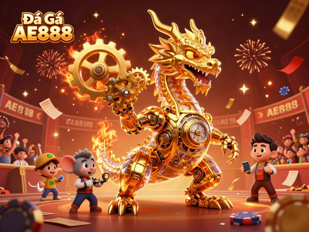 Engage in thrilling Đá Gà AE888 matches with a golden dragon and lively betting atmosphere.