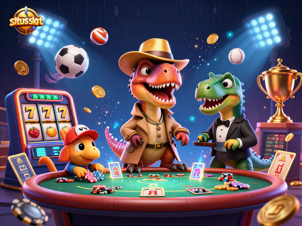 Memainkan situs slot dengan mesin slot terbaru dan simbol buah, dalam suasana kasino yang meriah.