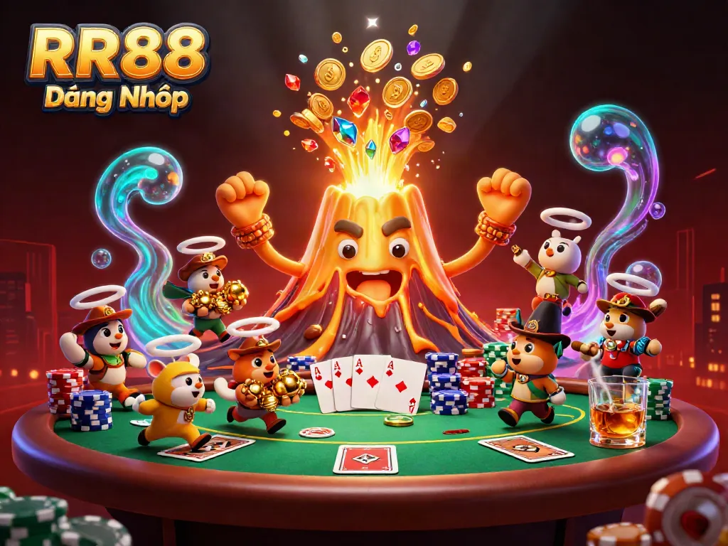Engage with RR88 Đăng Nhập as a thrilling 3D scene with a golden volcano pouring coins and gems amidst poker excitement.