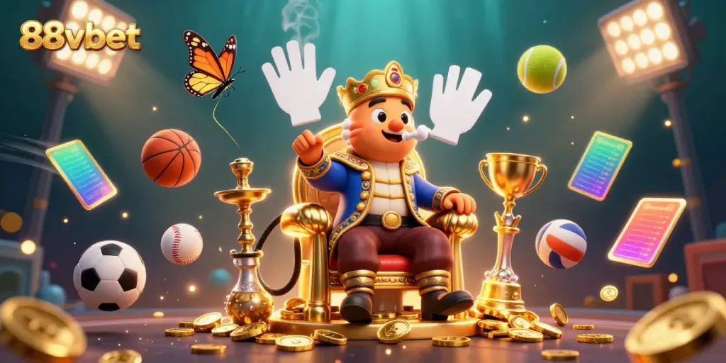 Engage in thrilling moments at 88vbet with a vibrant scene of fun casino-themed elements and dynamic sports symbolism.