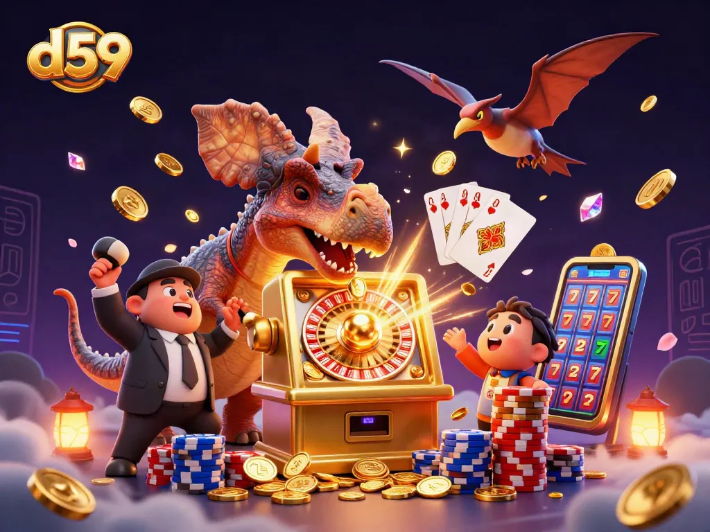 D59 illustration of a dinosaur winning jackpots at a casino slot machine amidst flying coins and vibrant gems.