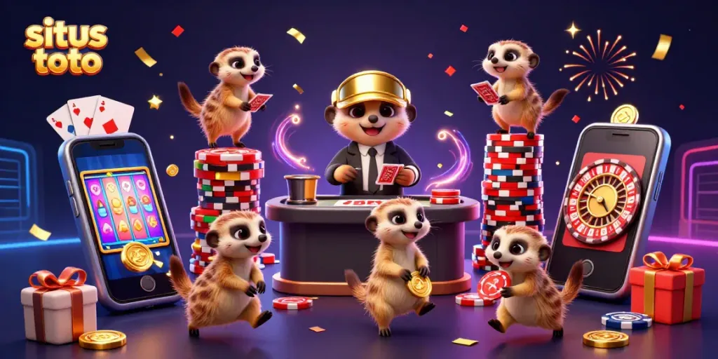 Grab winning opportunities in the vibrant scene of situs toto featuring meerkats engaging in a lively casino.