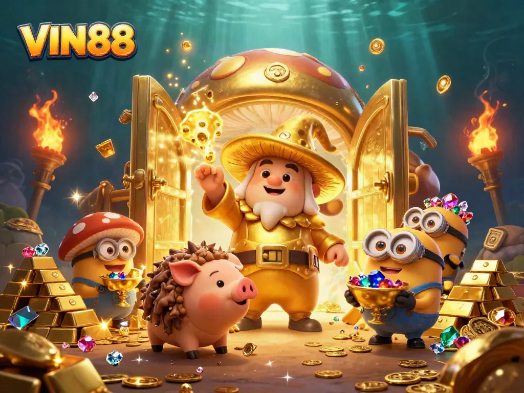 Join the fun at VIN88 with thrilling games and golden treasures in this captivating 3D casino scene.
