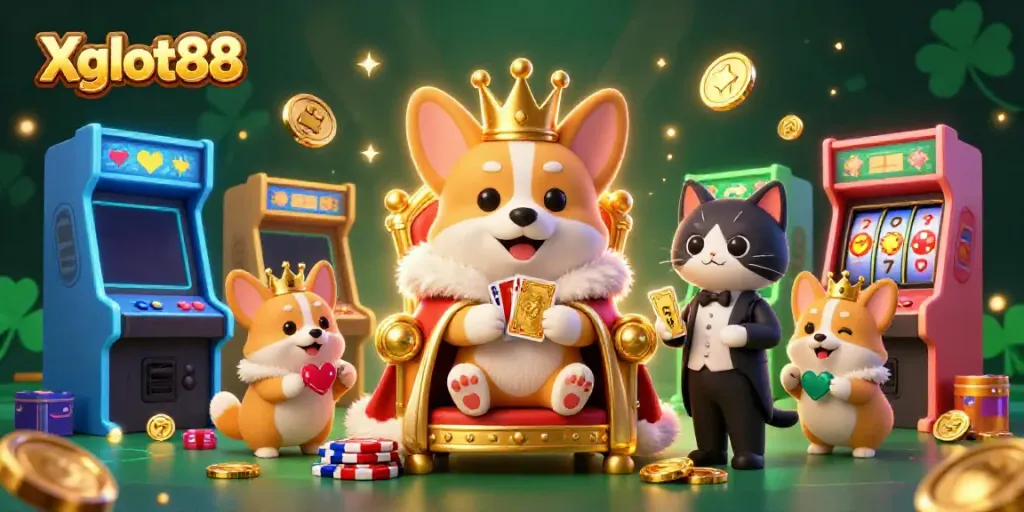 Potret corgi kerajaan Xgslot88 dengan mahkota emas, dikelilingi mesin permainan dan simbol slot.