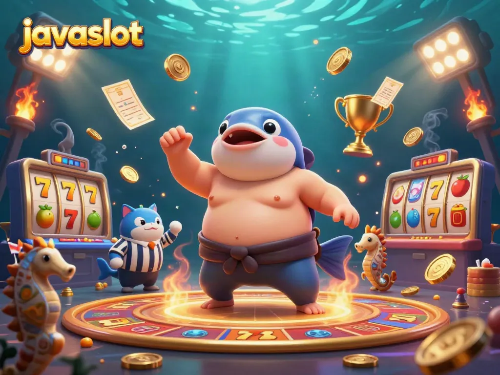 Gambarkan suasana permainan slot di javaslot dengan karakter lucu dan elemen kasino yang dinamis.
