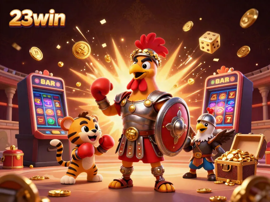 Experience the thrill of 23win with a vibrant casino scene featuring a gladiator rooster and tiger cub.
