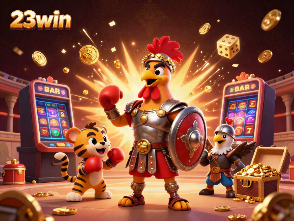 Experience the thrill of 23win with a vibrant casino scene featuring a gladiator rooster and tiger cub.