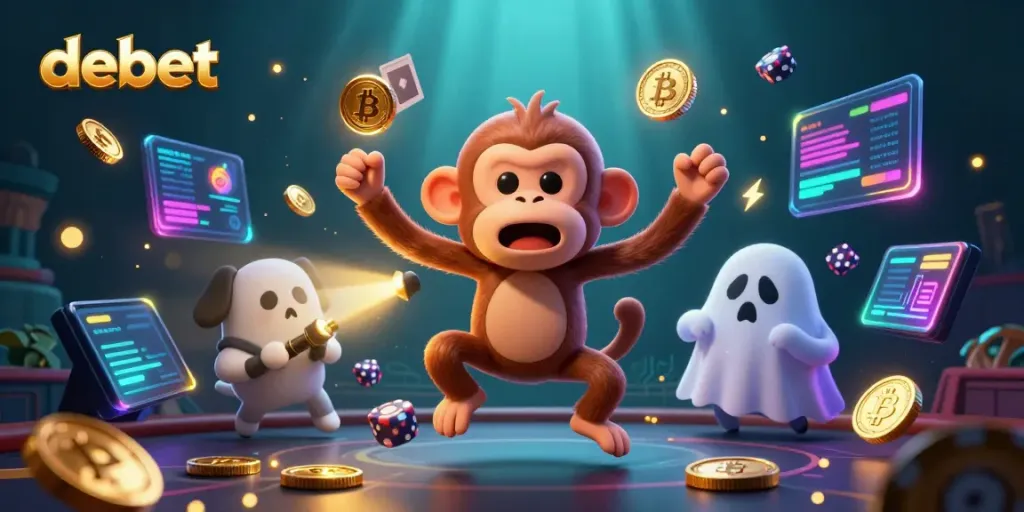 Engage in thrilling casino moments with debet, featuring a playful monkey and curious puppy in a vibrant illustration.