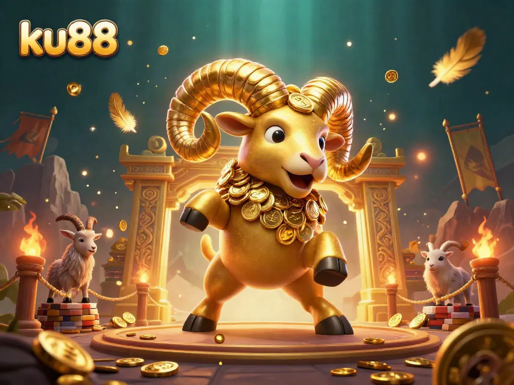 Explore the dynamic gambling scene with ku88 and a golden ram amidst vibrant casino elements.