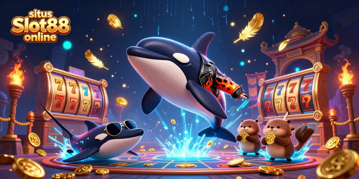 Menang di situs Slot88 online dengan variasi permainan slot dan koin emas yang mengapung.