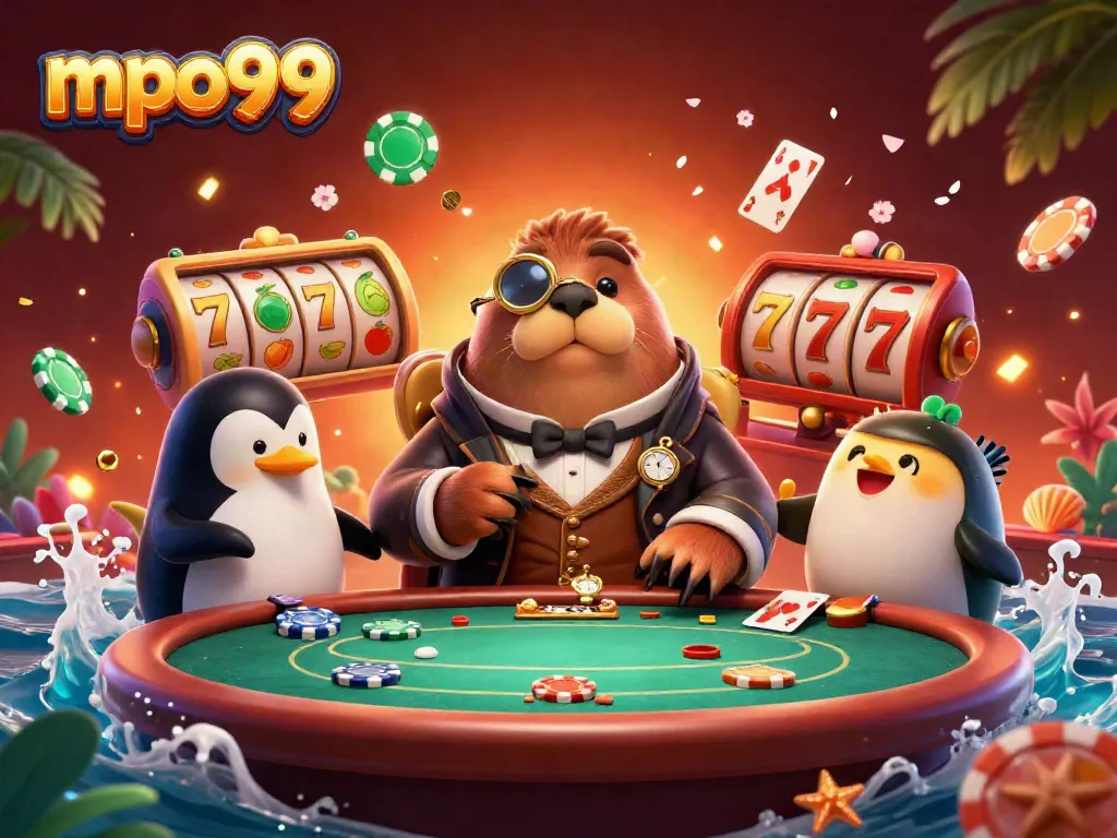 Menangkan permainan dengan mpo99, walrus jolly di meja poker dengan dealer penguin dan pemain pufferfish.