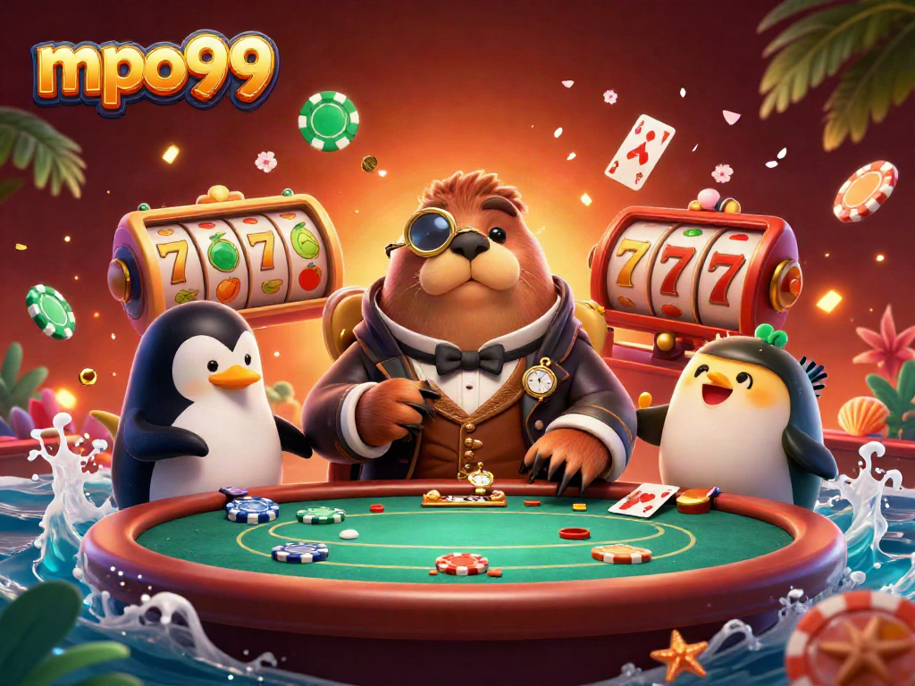 Menangkan permainan dengan mpo99, walrus jolly di meja poker dengan dealer penguin dan pemain pufferfish.