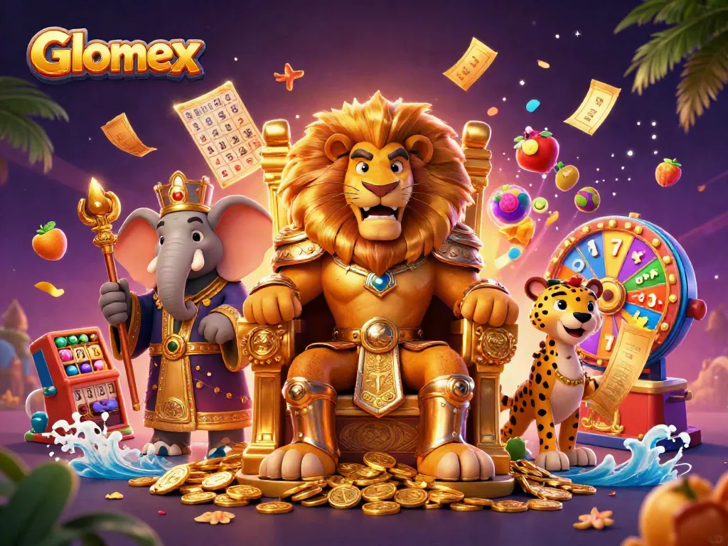 Win big with Glomex in this vibrant casino scene featuring colorful slot reels and dynamic gold elements