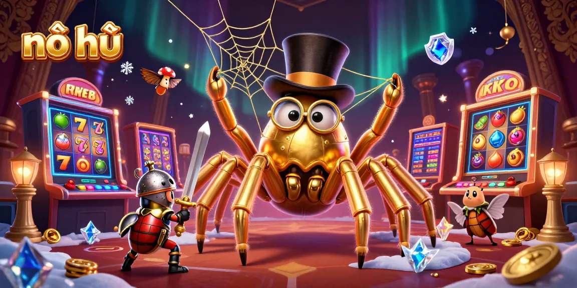 Experience the excitement of nổ hũ with a vibrant 3D casino scene featuring a golden tarantula and colorful slot machines.
