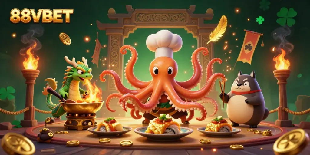 Experience the thrill of 88VBET with our vibrant 3D casino illustration featuring a sushi chef octopus and dragon.