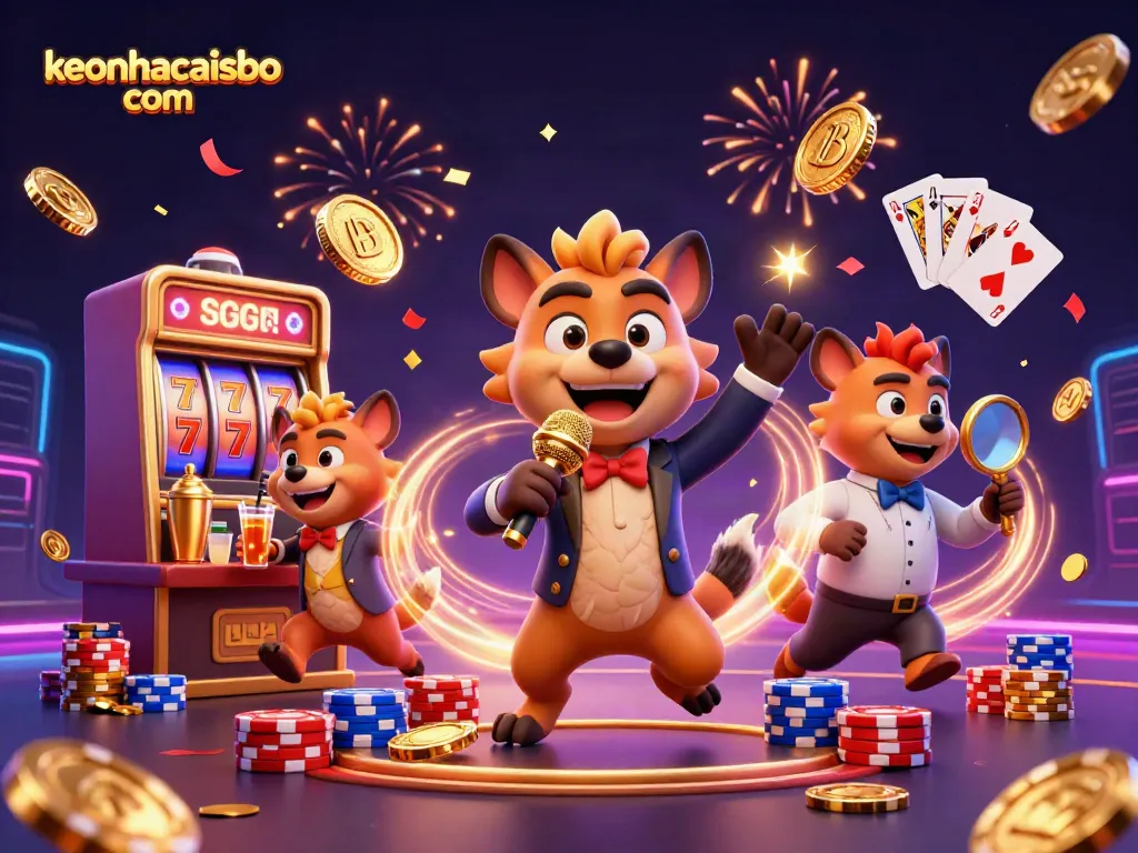 Engage with keonhacaisbo com in a vibrant casino scene featuring hyenas interacting with gaming elements.