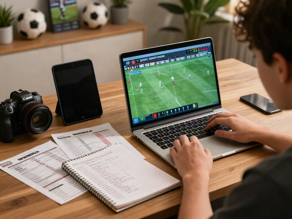 Analyze soccer stats on WWBOLA platform in a cozy home office.
