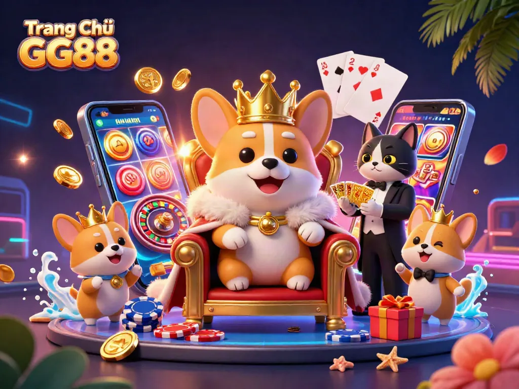 Experience the excitement of Trang Chủ GG88 with a cartoon royal corgi, winning card games, and golden treasures.