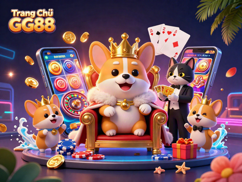 Experience the excitement of Trang Chủ GG88 with a cartoon royal corgi, winning card games, and golden treasures.