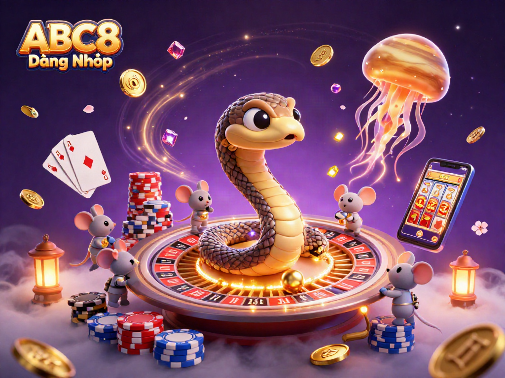 Experience ABC8 Đăng Nhập with astronauts betting on a Saturn wheel amidst vibrant casino graphics.