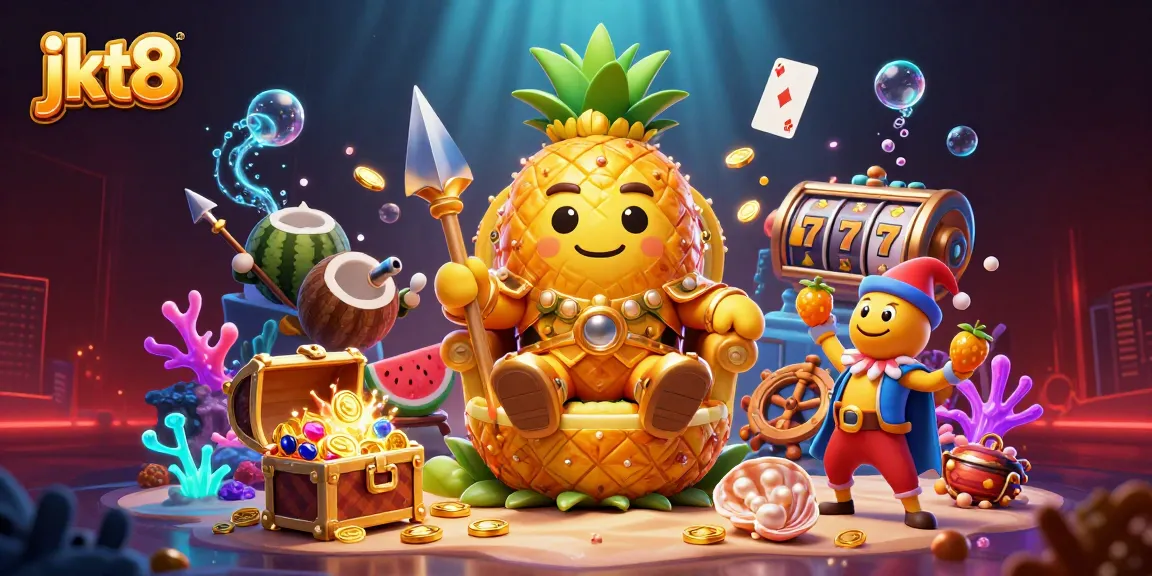 Gambaran jkt8 dengan raja nanas kartun 3D, pasukan kelapa, dan elemen kasino lainnya