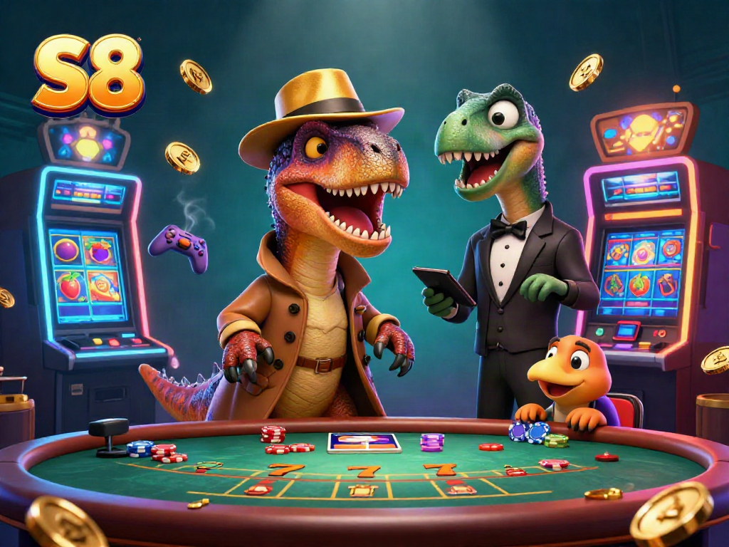 S8 casino scene featuring a velociraptor card counter and a stegosaurus pit boss at a blackjack table.