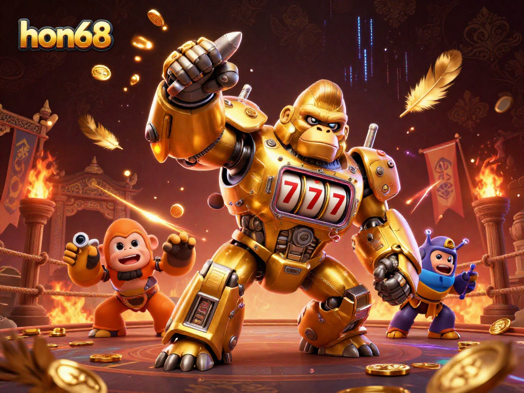 Experience the thrill at hon68 with a dynamic 3D illustration of a golden gorilla mech showcasing explosive wins in the casino.