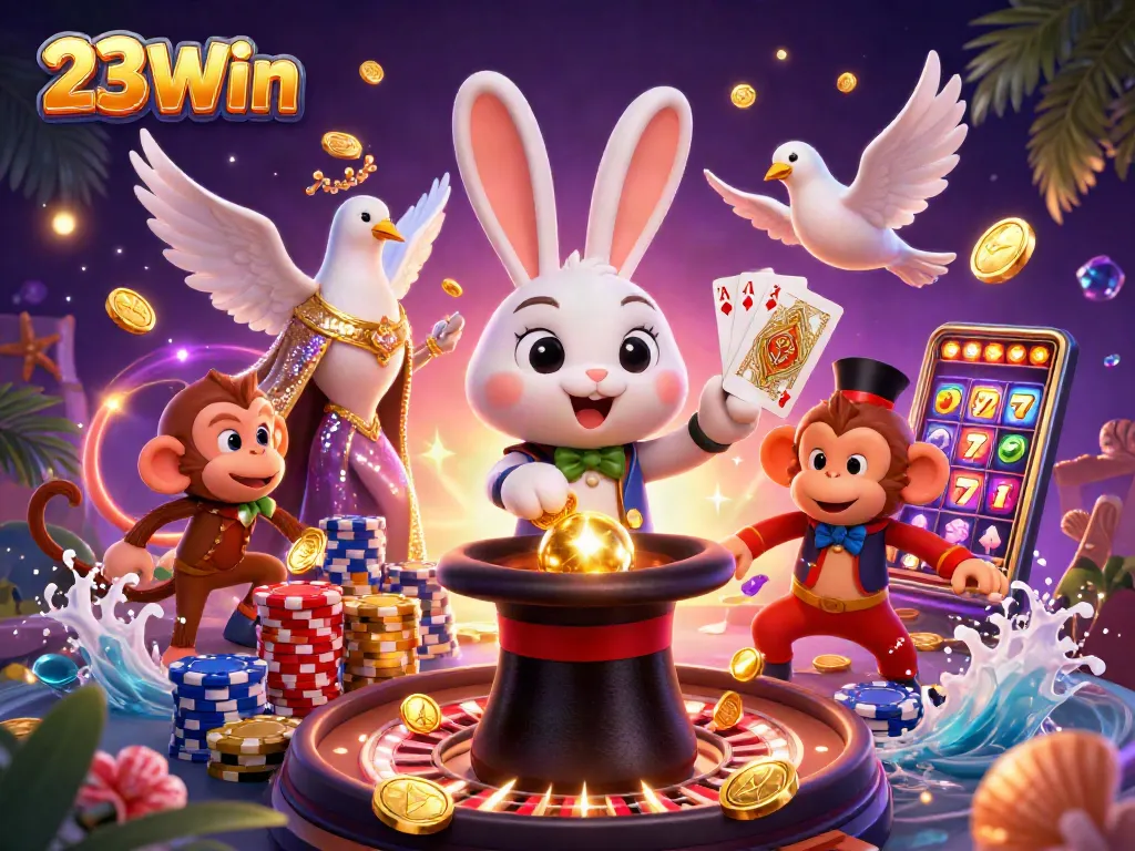 Experience the excitement of 23Win with a colorful casino scene filled with magical elements and action.
