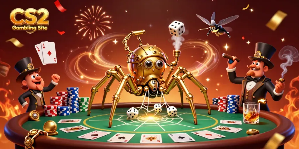 Engage in the lively atmosphere of a CS2 Gambling Site with a steampunk spider and golden poker elements.