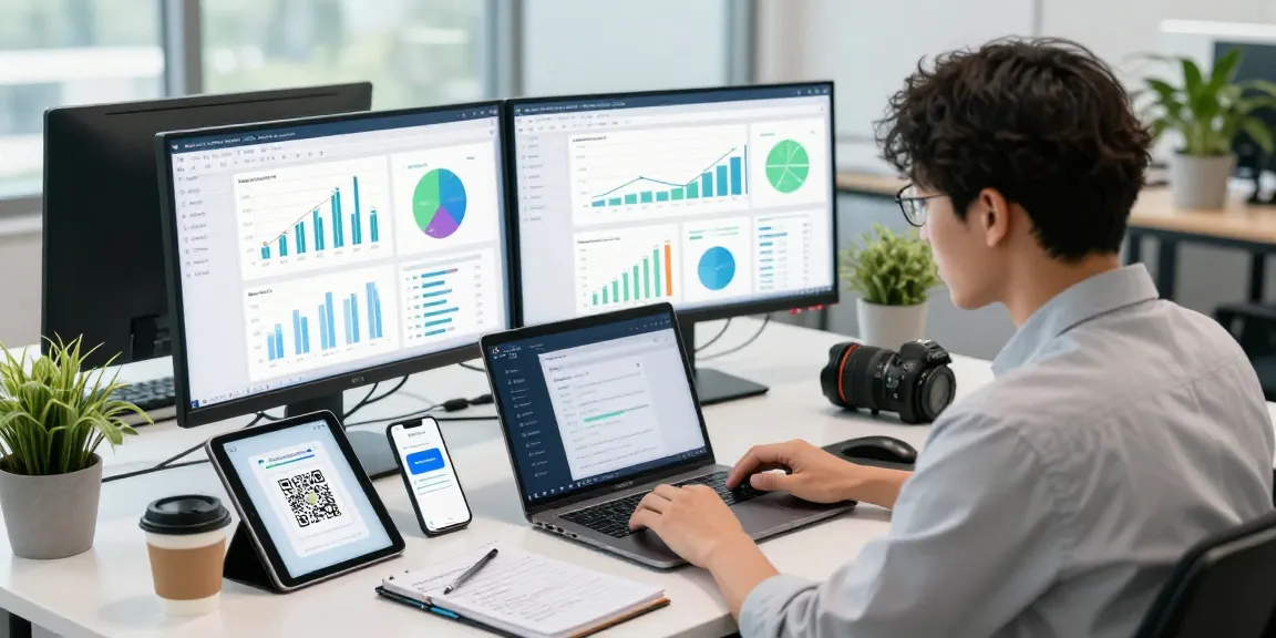 Professional analyzing digital transactions with slot qris features in a modern office.