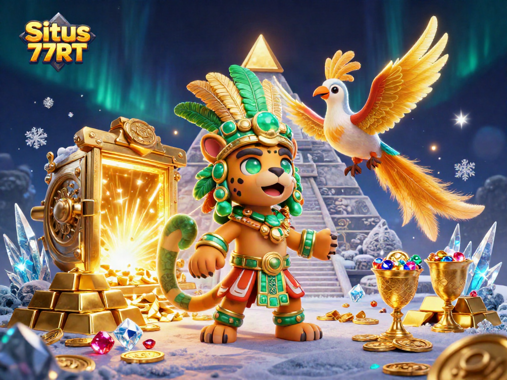 Experience iconic wins with Situs 77RT showcasing Mayan priest and treasure.