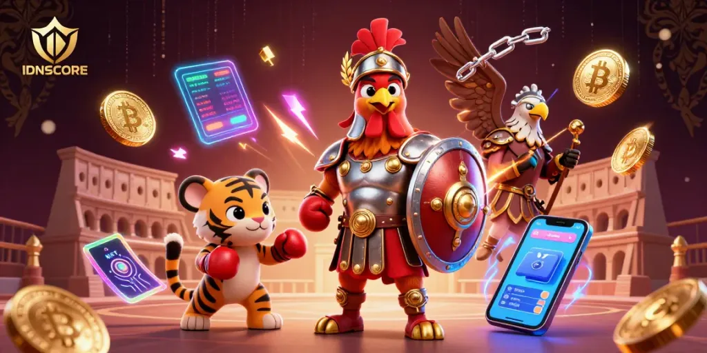 IDNSCORE showcases a competitive 3D gaming scene featuring a gladiator rooster, sparring cub, and crypto elements