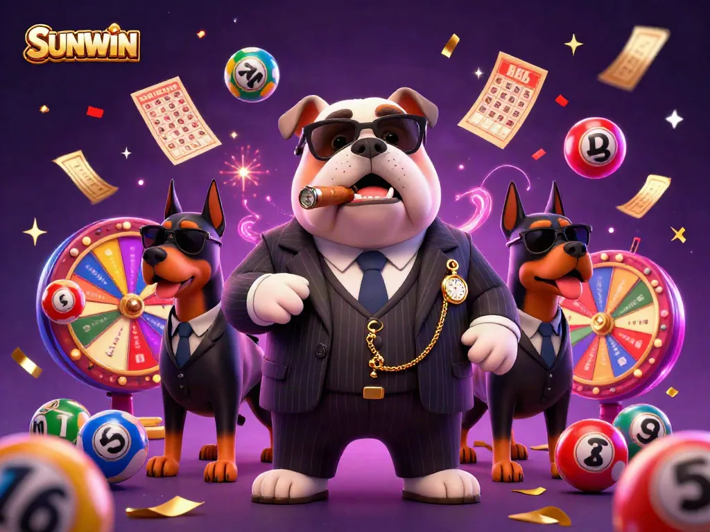 Experience exhilarating games at SUNWIN, featuring a cartoon bulldog boss and energetic casino action.