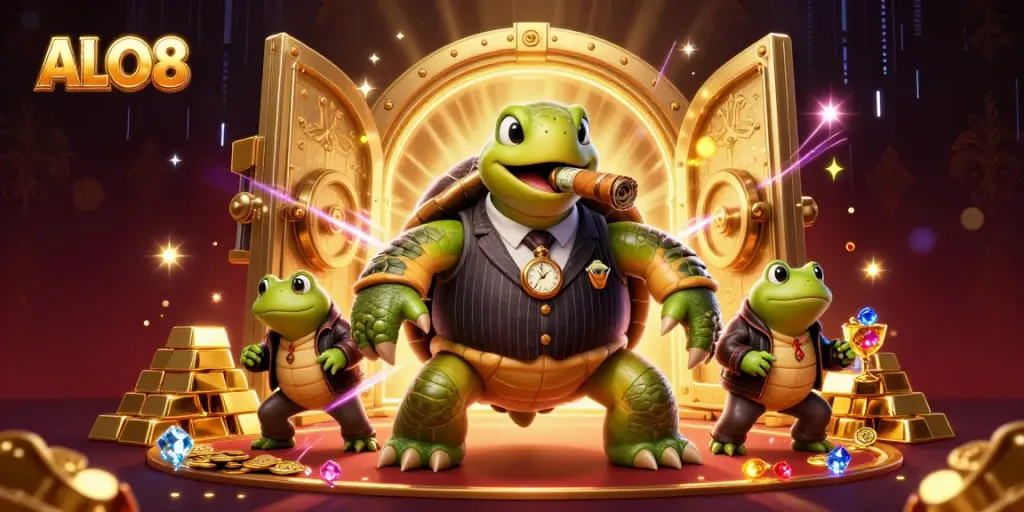 Win big at ALO8 with a stunning 3D illustration of a snapping turtle mobster and frog enforcers in a vibrant casino scene.