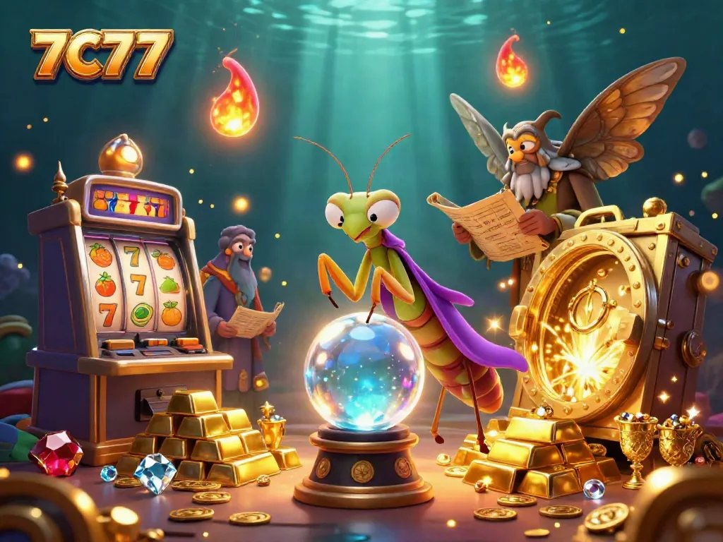 Engage with 7C77's dynamic casino imagery featuring vibrant slot machines and fortune telling.
