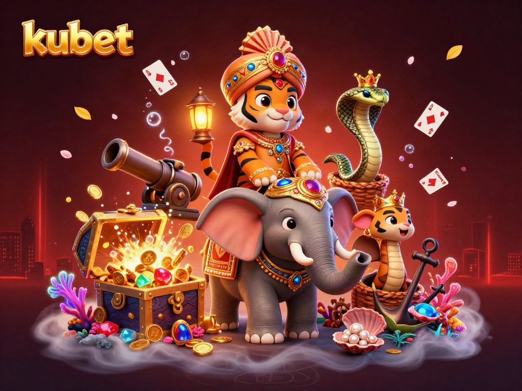 Experience kubet's colorful casino adventure with a majestic tiger and jewel-encrusted elephant in a vibrant illustration.