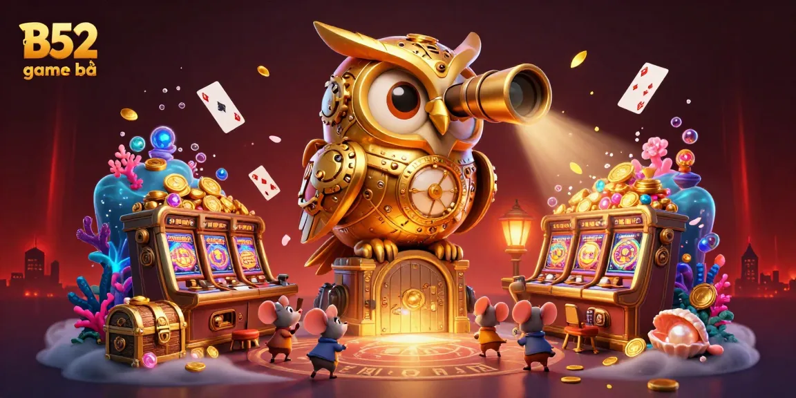 Engage in thrilling gameplay with B52 game bài, where a golden owl oversees action at vibrant slot machines.