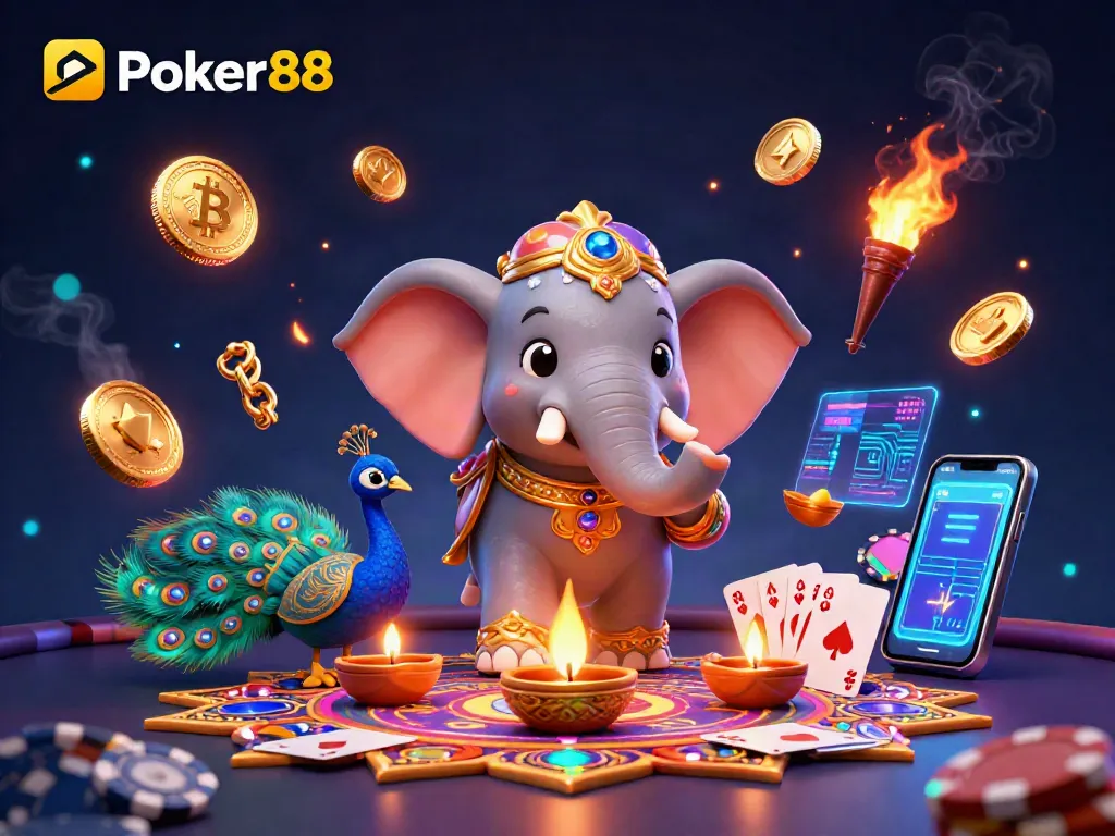 Join the thrilling poker action with Poker88 by exploring vibrant casino elements in a dynamic scene.